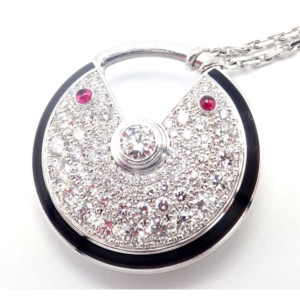 Authentic! Cartier Amulette 18k White Gold Diamond Ruby Large Pendant Necklace